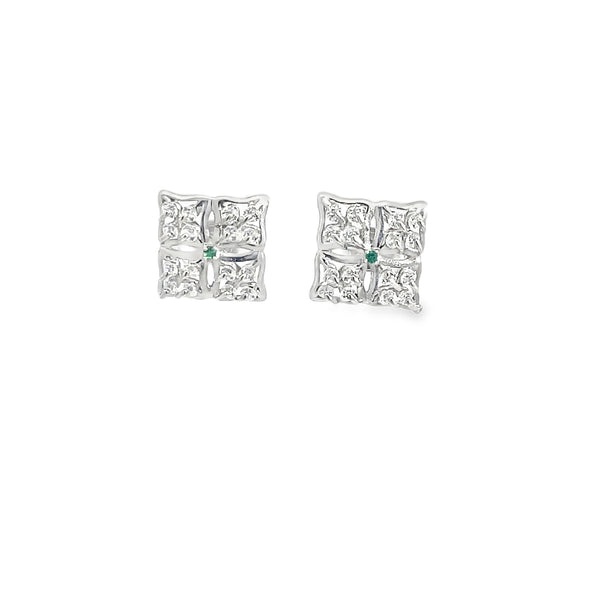 Classic Round Brilliant Cut Emerald Stud Earrings in Polished White Gold
