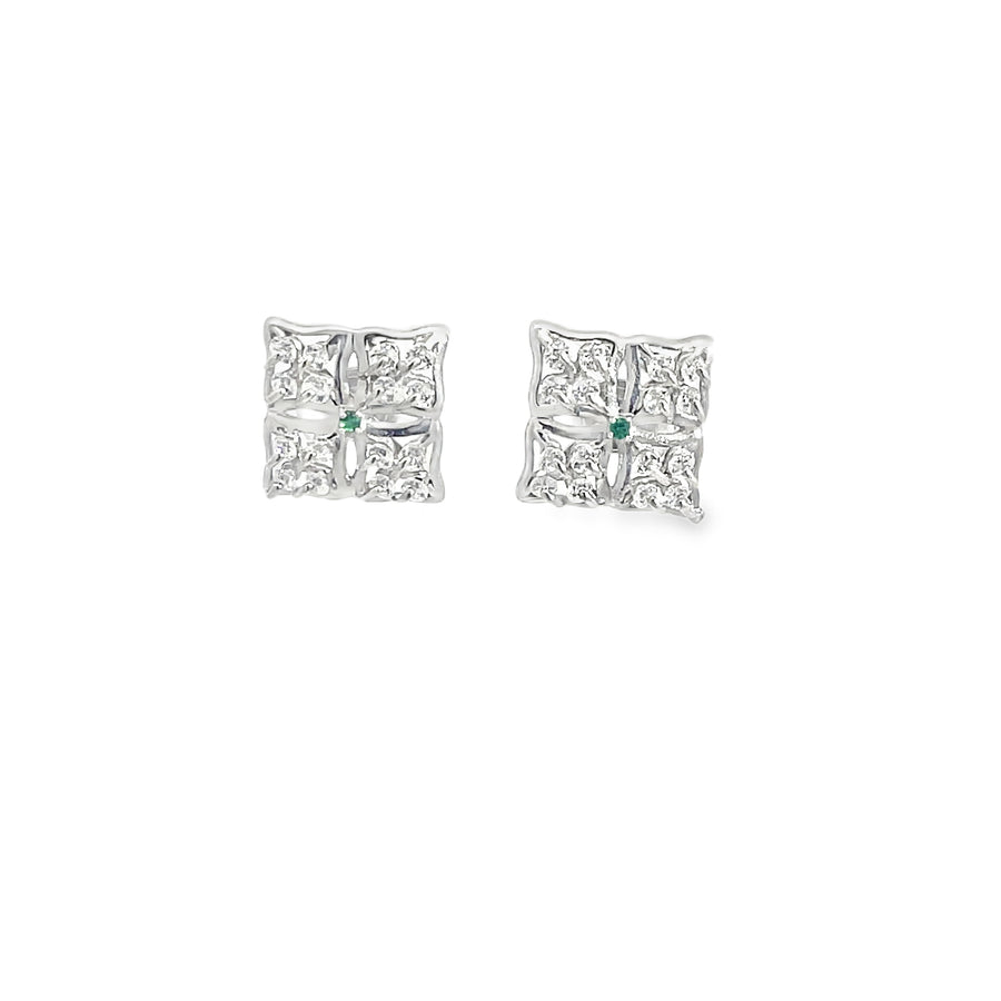 Classic Round Brilliant Cut Emerald Stud Earrings in Polished White Gold