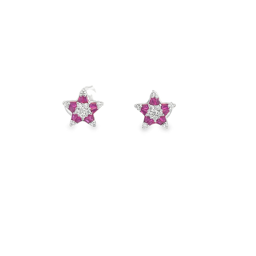 Star-Cut Red Ruby Stud Earrings in White Gold