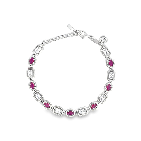 Natural Oval Brilliant Cut Red Ruby White Gold Chain Bracelet