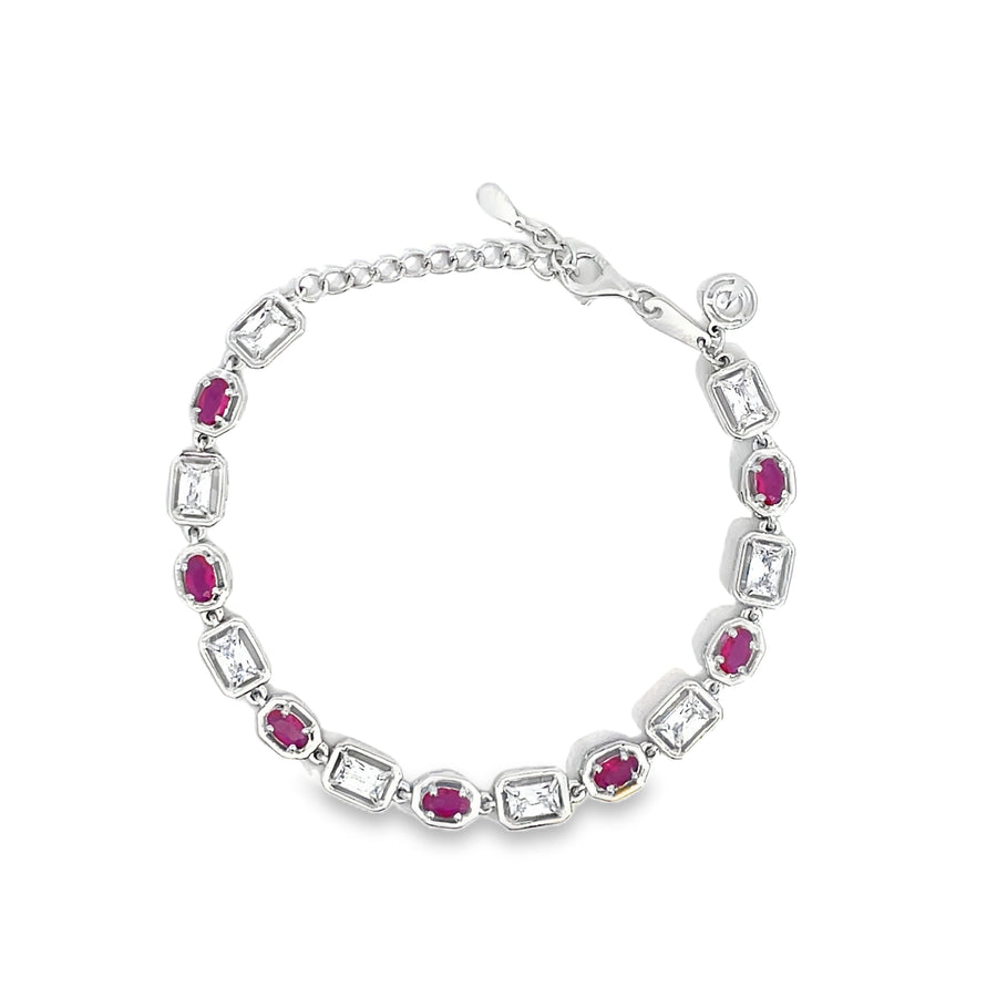 Natural Oval Brilliant Cut Red Ruby White Gold Chain Bracelet