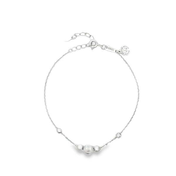 Polished Sterling Silver Beaded Charm Bracelet with Engraved Disc Detail