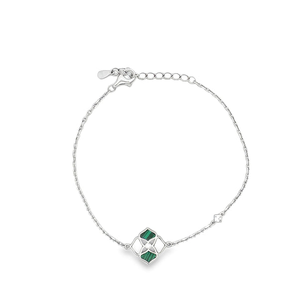 Malachite and Diamond Geometric Lozenge Chain Bracelet in Sterling Silver
