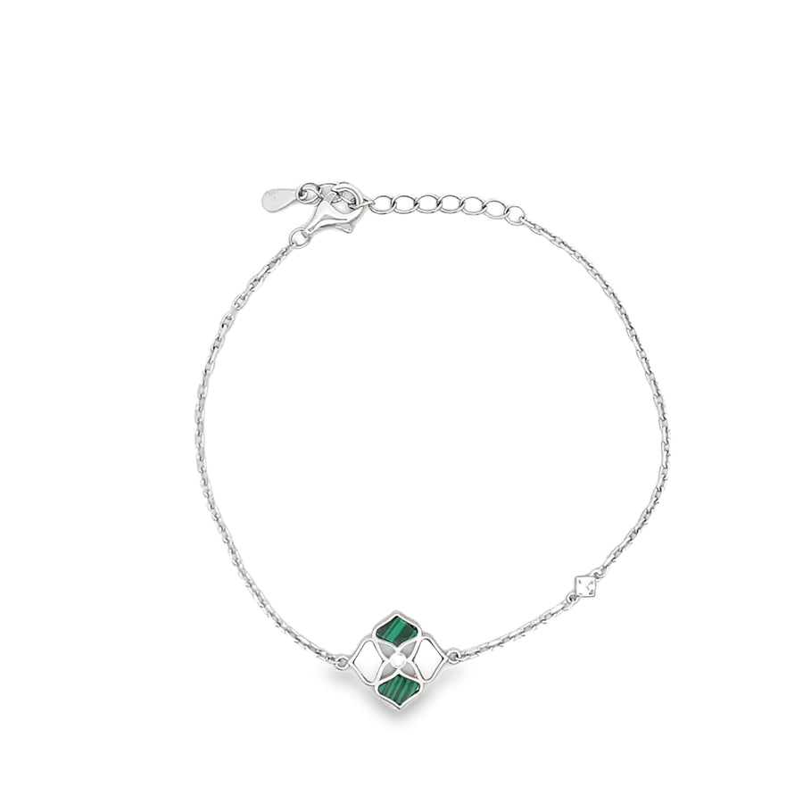 Malachite and Diamond Geometric Lozenge Chain Bracelet in Sterling Silver
