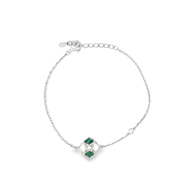 Malachite and Diamond Geometric Lozenge Chain Bracelet in Sterling Silver