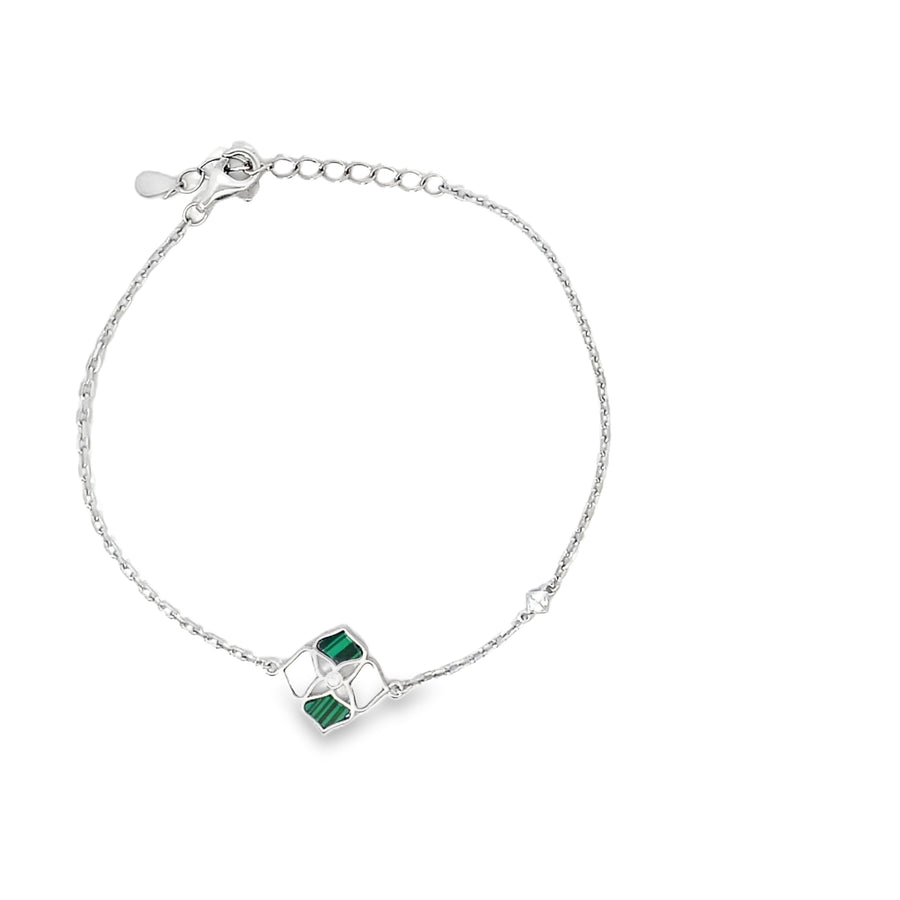 Malachite and Diamond Geometric Lozenge Chain Bracelet in Sterling Silver