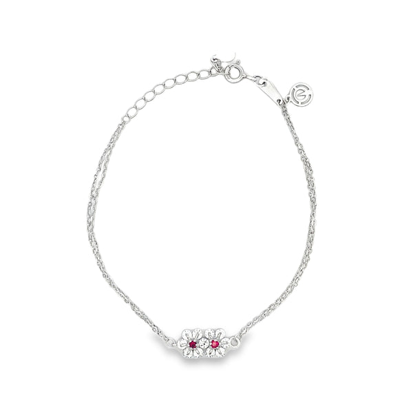 Double Floral Ruby White Gold Chain Bracelet