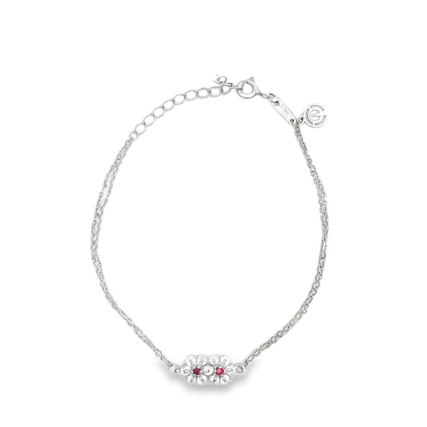 Double Floral Ruby White Gold Chain Bracelet