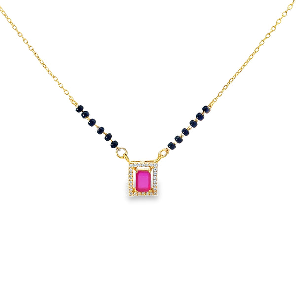 Emerald-Cut Ruby and Diamond Halo Mangalsutra in Yellow Gold