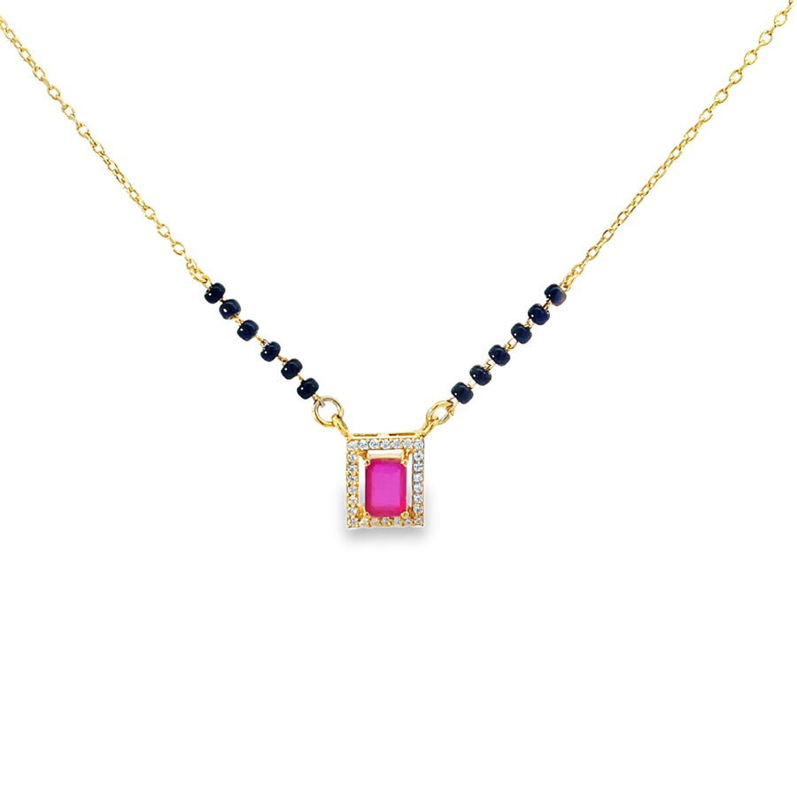 Emerald-Cut Ruby and Diamond Halo Mangalsutra in Yellow Gold