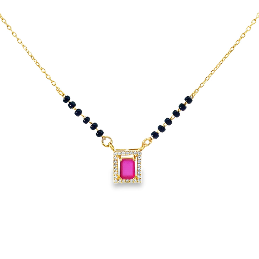Emerald-Cut Ruby and Diamond Halo Mangalsutra in Yellow Gold