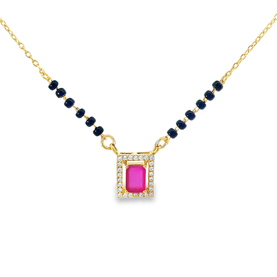 Emerald-Cut Ruby and Diamond Halo Mangalsutra in Yellow Gold