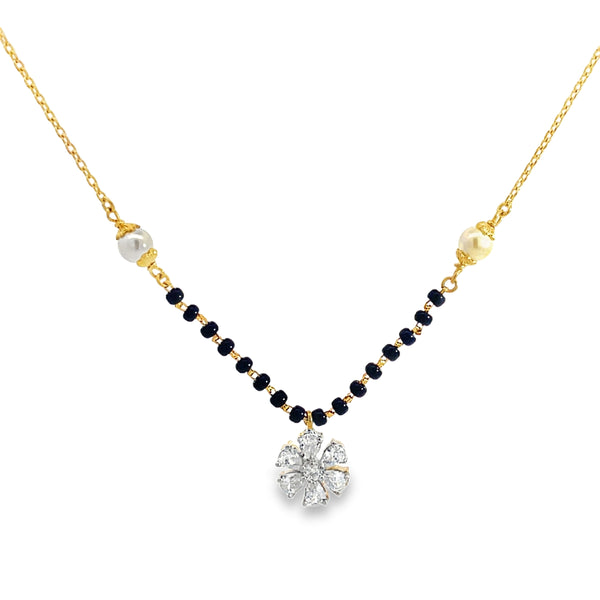 Floral Diamond and Pearl Beaded Mangalsutra in Yellow Gold