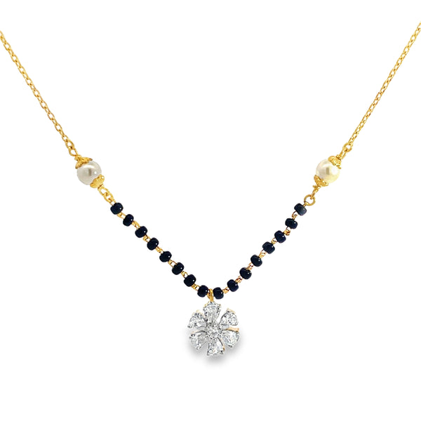 Floral Diamond and Pearl Beaded Mangalsutra in Yellow Gold