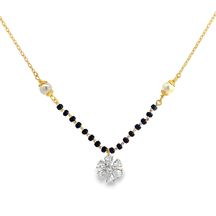 Floral Diamond and Pearl Beaded Mangalsutra in Yellow Gold