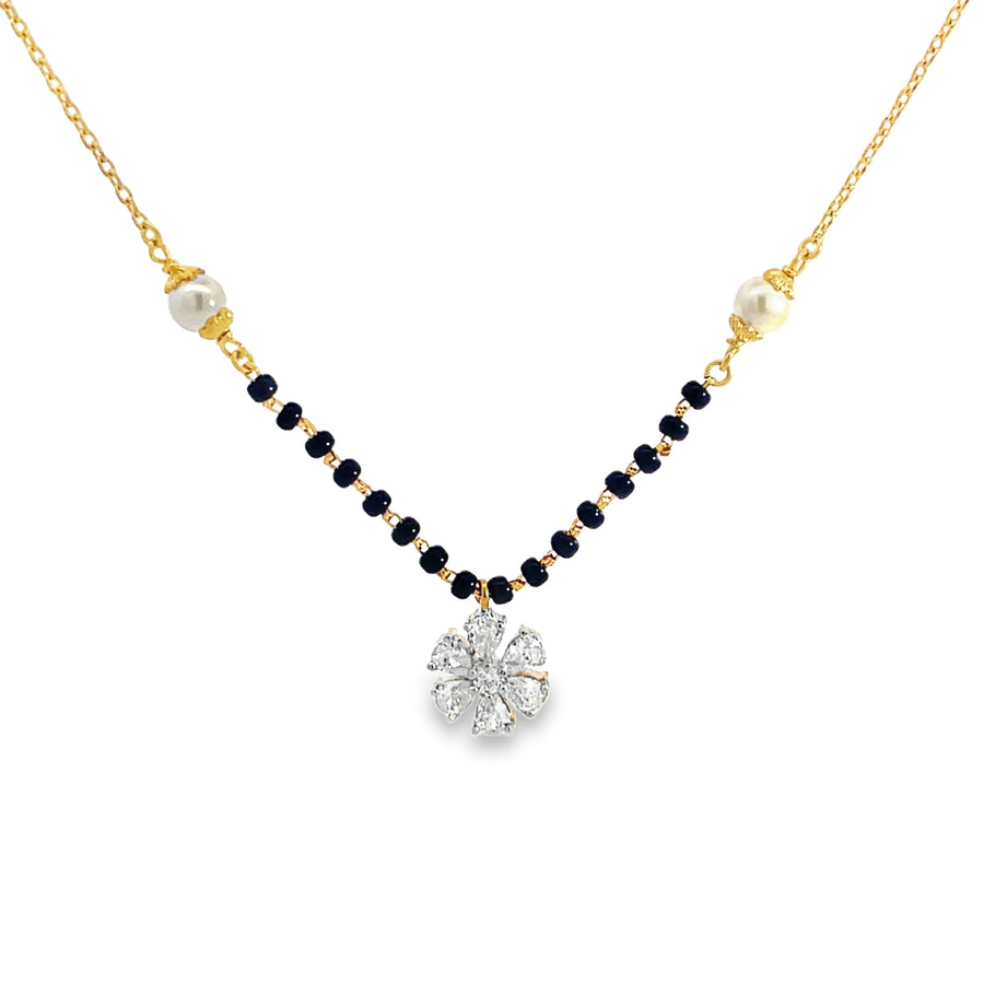 Floral Diamond and Pearl Beaded Mangalsutra in Yellow Gold