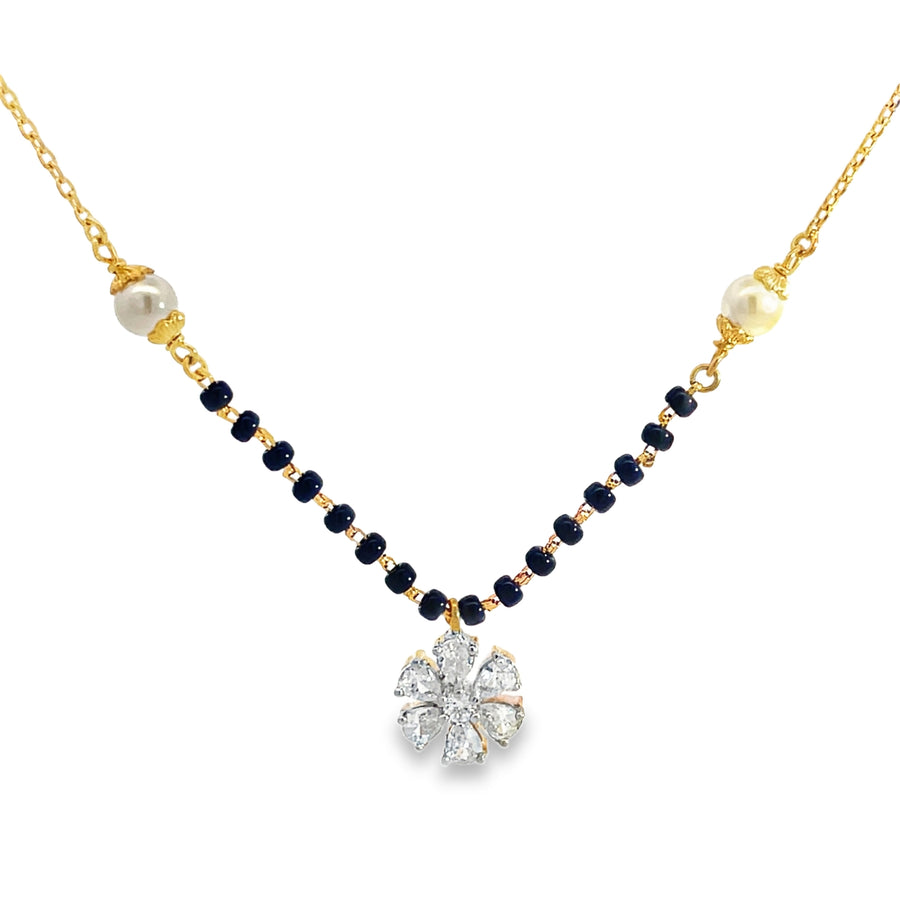 Floral Diamond and Pearl Beaded Mangalsutra in Yellow Gold