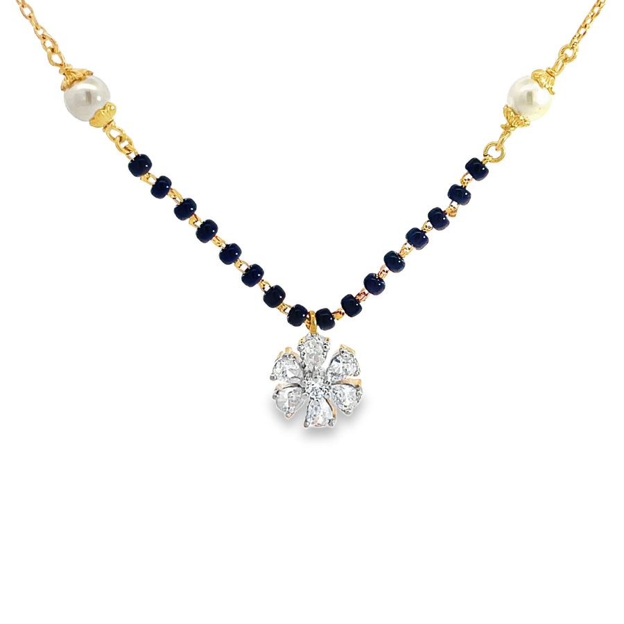 Floral Diamond and Pearl Beaded Mangalsutra in Yellow Gold
