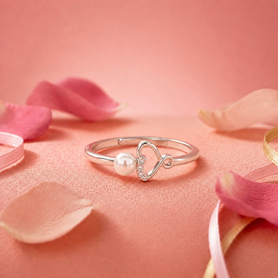 925 Sterling Silver Freshwater Pearl Heart Adjustable Ring
