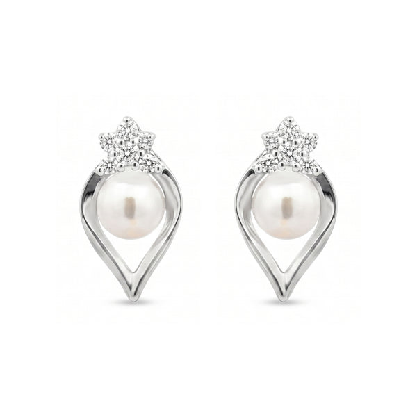 925 Sterling Silver Pearl Floral Stud Earrings with Cubic Zirconia
