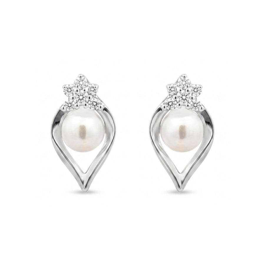925 Sterling Silver Pearl Floral Stud Earrings with Cubic Zirconia