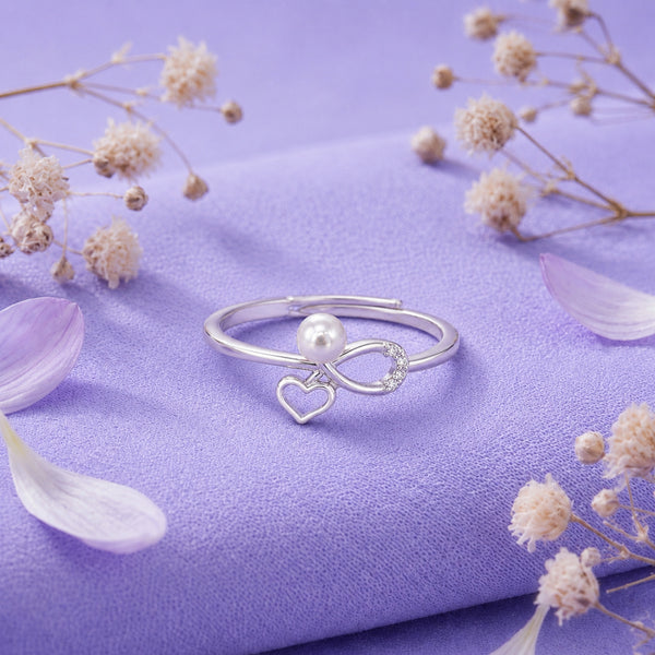 925 Sterling Silver Freshwater Pearl Infinity Heart Adjustable Ring