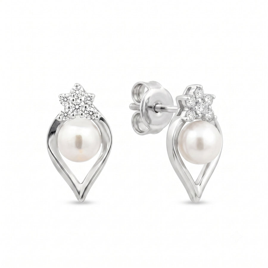 925 Sterling Silver Pearl Floral Stud Earrings with Cubic Zirconia