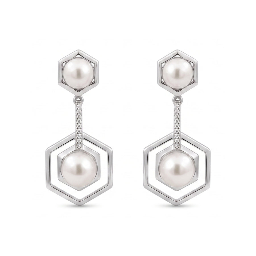 925 Sterling Silver Geometric Pearl Drop Earrings with Cubic Zirconia