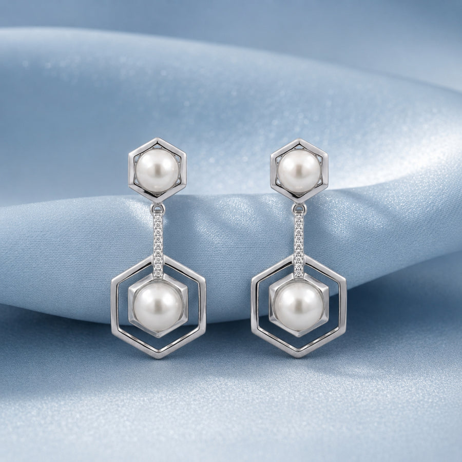 925 Sterling Silver Geometric Pearl Drop Earrings with Cubic Zirconia