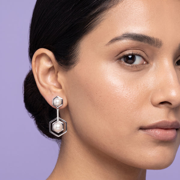 925 Sterling Silver Geometric Pearl Drop Earrings with Cubic Zirconia