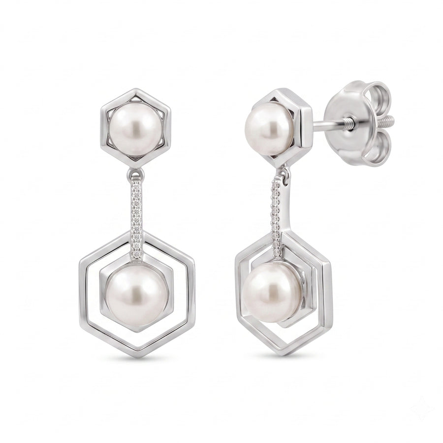 925 Sterling Silver Geometric Pearl Drop Earrings with Cubic Zirconia