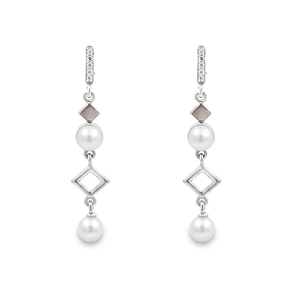 925 Sterling Silver Pearl & Geometric Drop Earrings with Cubic Zirconia