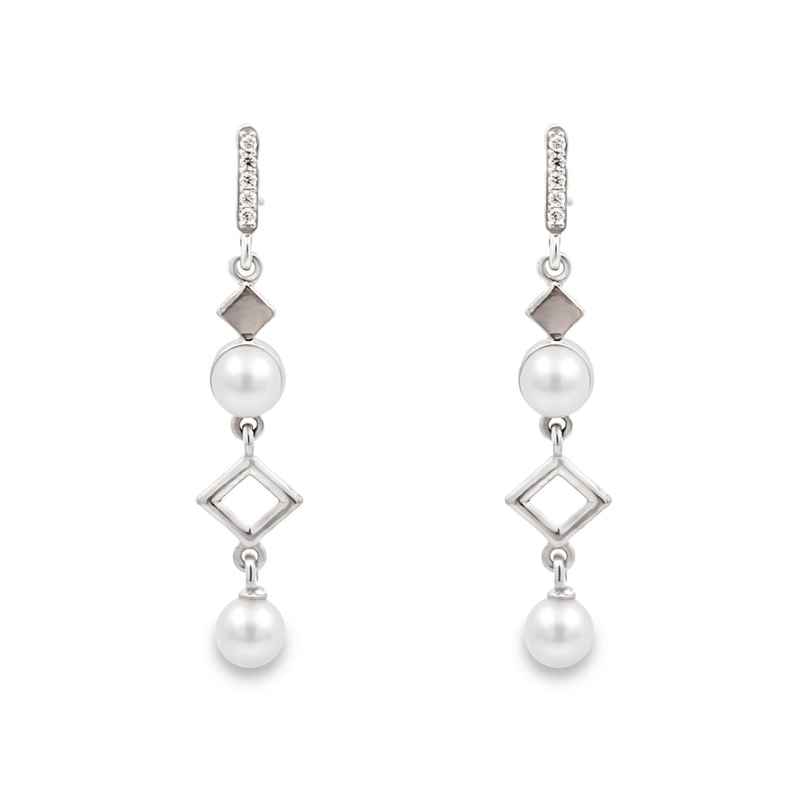 925 Sterling Silver Pearl & Geometric Drop Earrings with Cubic Zirconia