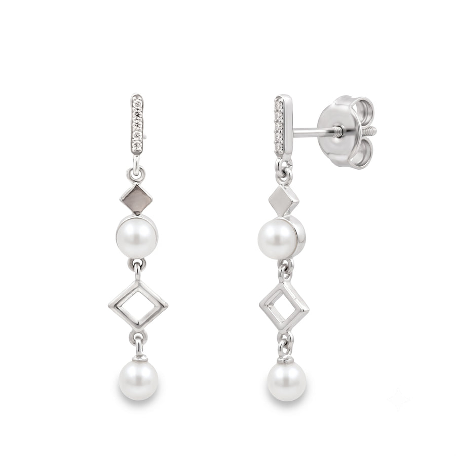 925 Sterling Silver Pearl & Geometric Drop Earrings with Cubic Zirconia