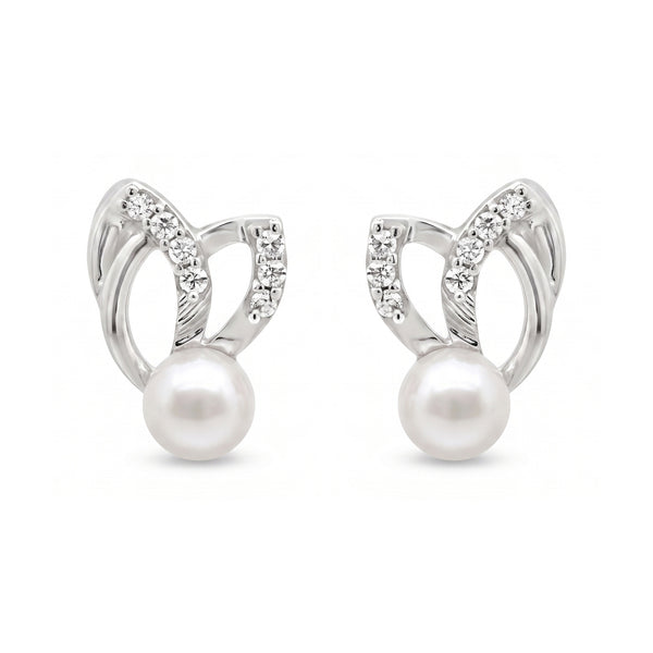 925 Sterling Silver Pearl Leaf Stud Earrings with Cubic Zirconia Accent