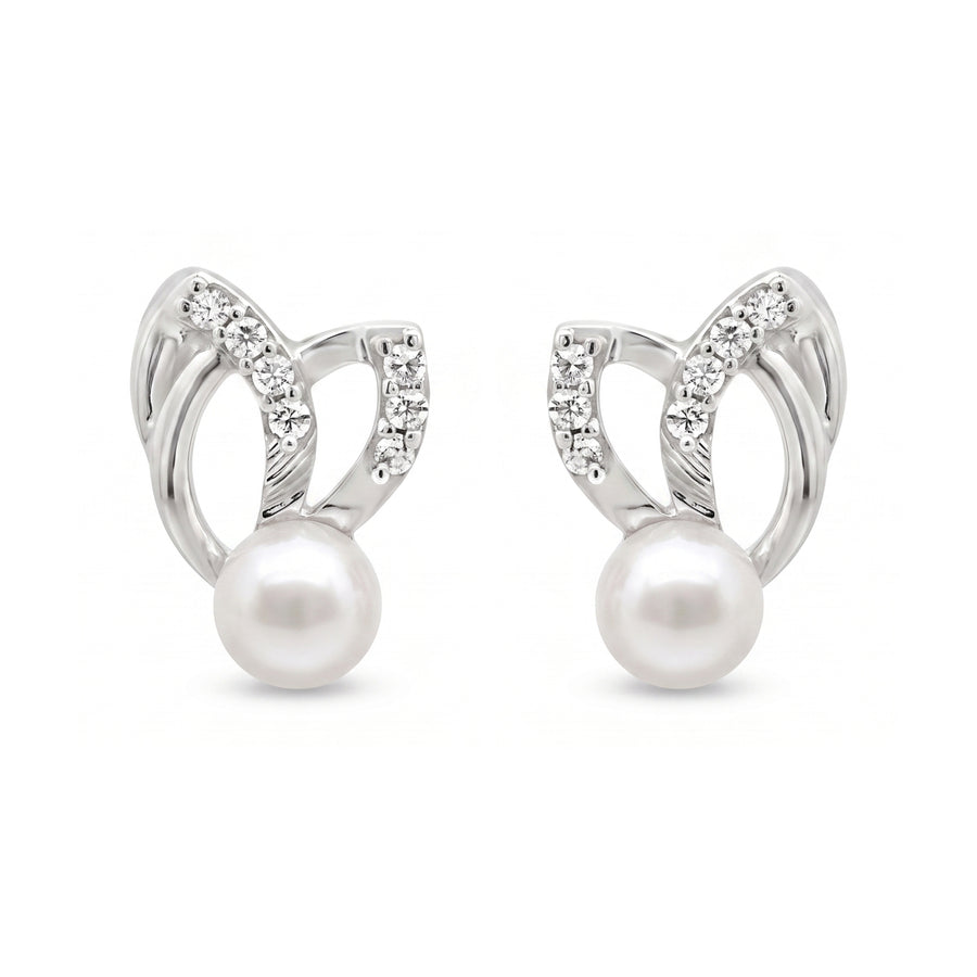 925 Sterling Silver Pearl Leaf Stud Earrings with Cubic Zirconia Accent