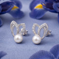 925 Sterling Silver Pearl Leaf Stud Earrings with Cubic Zirconia Accent