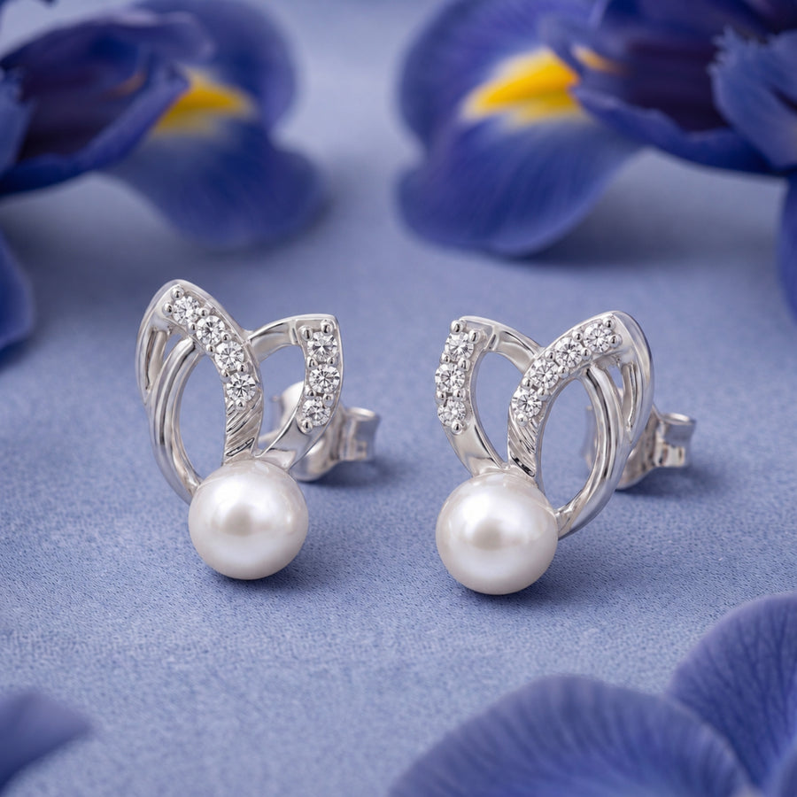 925 Sterling Silver Pearl Leaf Stud Earrings with Cubic Zirconia Accent