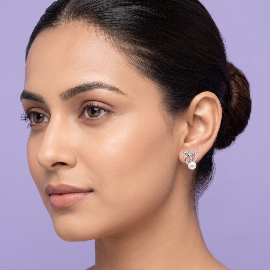 925 Sterling Silver Pearl Leaf Stud Earrings with Cubic Zirconia Accent