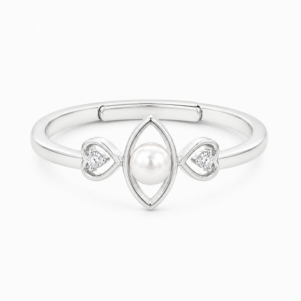 925 Sterling Silver Marquise Pearl Ring with Twin Heart Accents