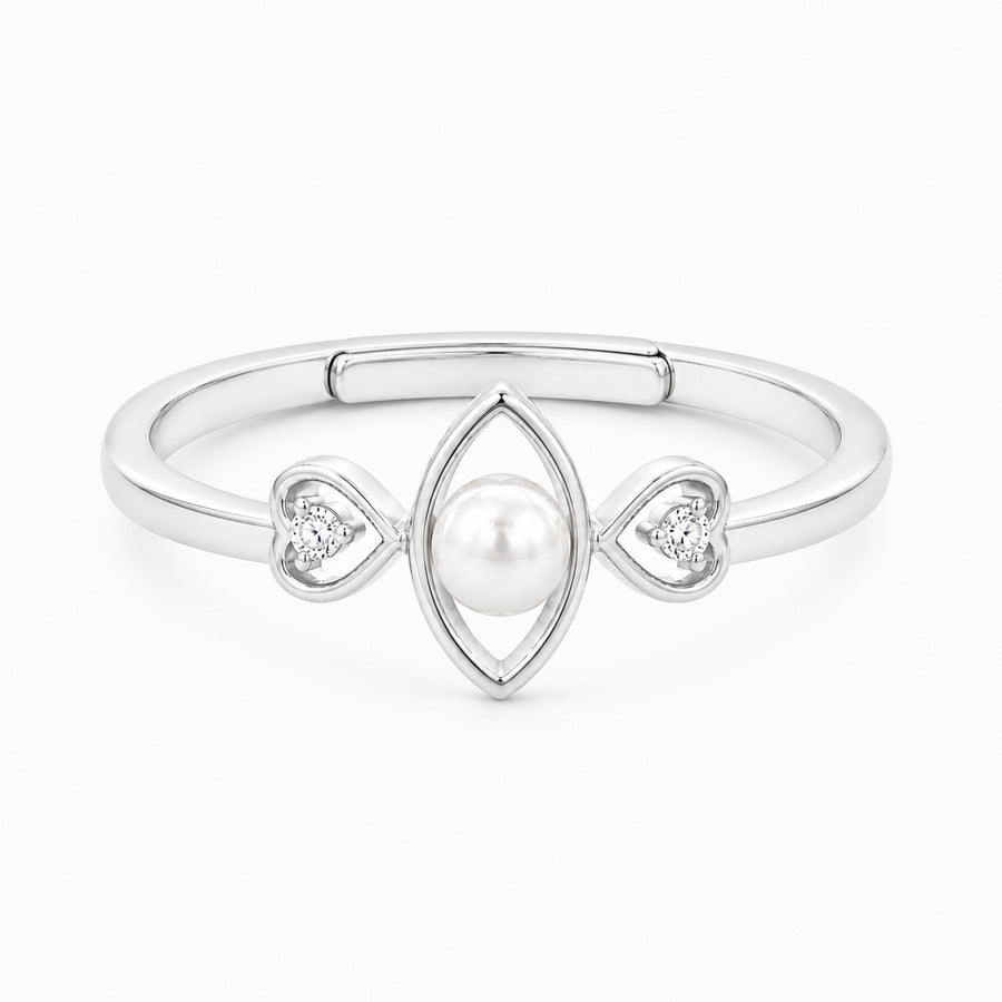 925 Sterling Silver Marquise Pearl Ring with Twin Heart Accents