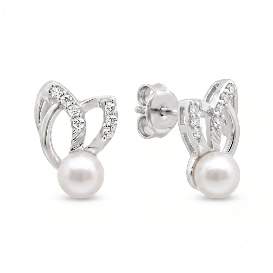 925 Sterling Silver Pearl Leaf Stud Earrings with Cubic Zirconia Accent