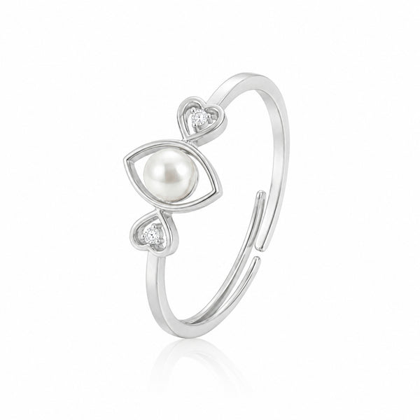 925 Sterling Silver Marquise Pearl Ring with Twin Heart Accents
