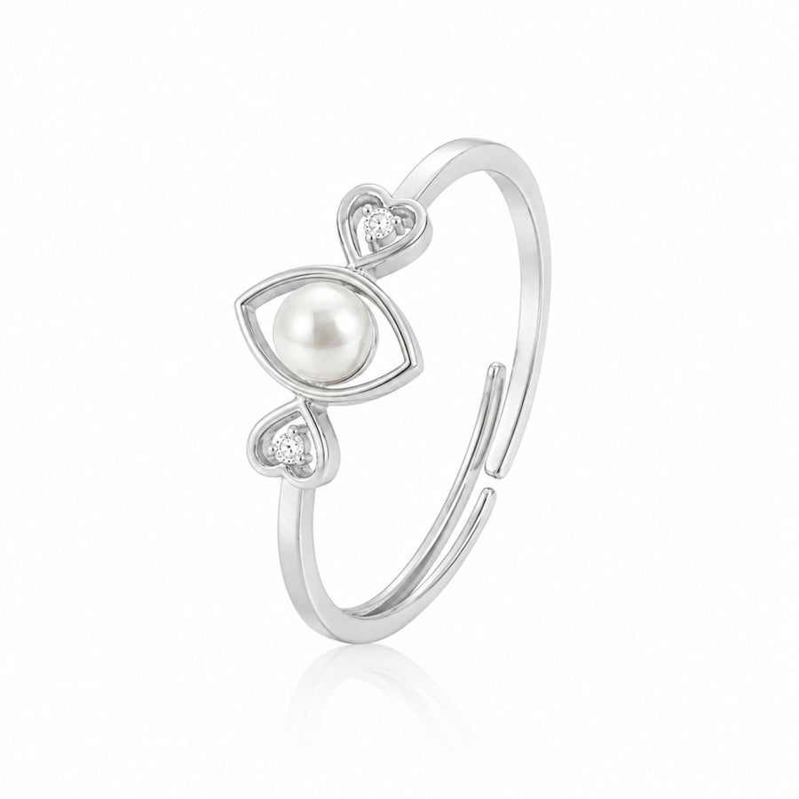 925 Sterling Silver Marquise Pearl Ring with Twin Heart Accents