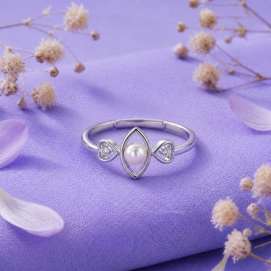 925 Sterling Silver Marquise Pearl Ring with Twin Heart Accents