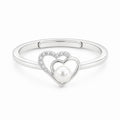 925 Sterling Silver Double Heart Pearl Ring – Adjustable Romantic Open Band with CZ Accents