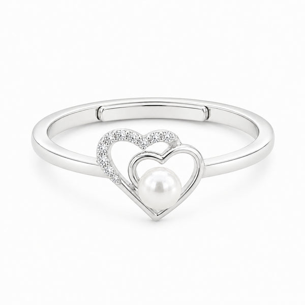 925 Sterling Silver Double Heart Pearl Ring – Adjustable Romantic Open Band with CZ Accents