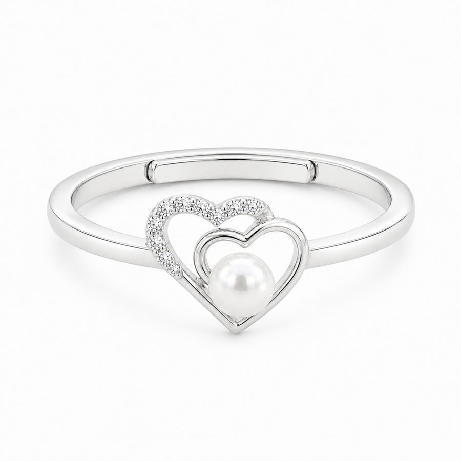 925 Sterling Silver Double Heart Pearl Ring – Adjustable Romantic Open Band with CZ Accents