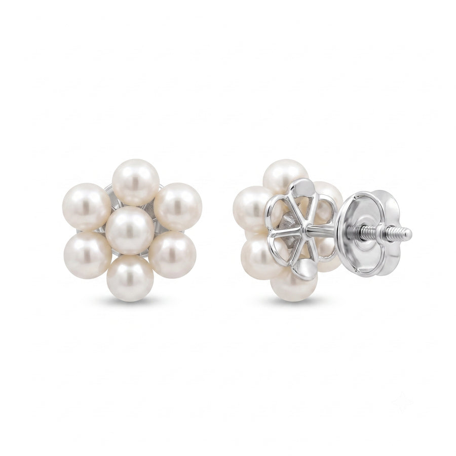 925 Sterling Silver Floral Pearl Cluster Stud Earrings