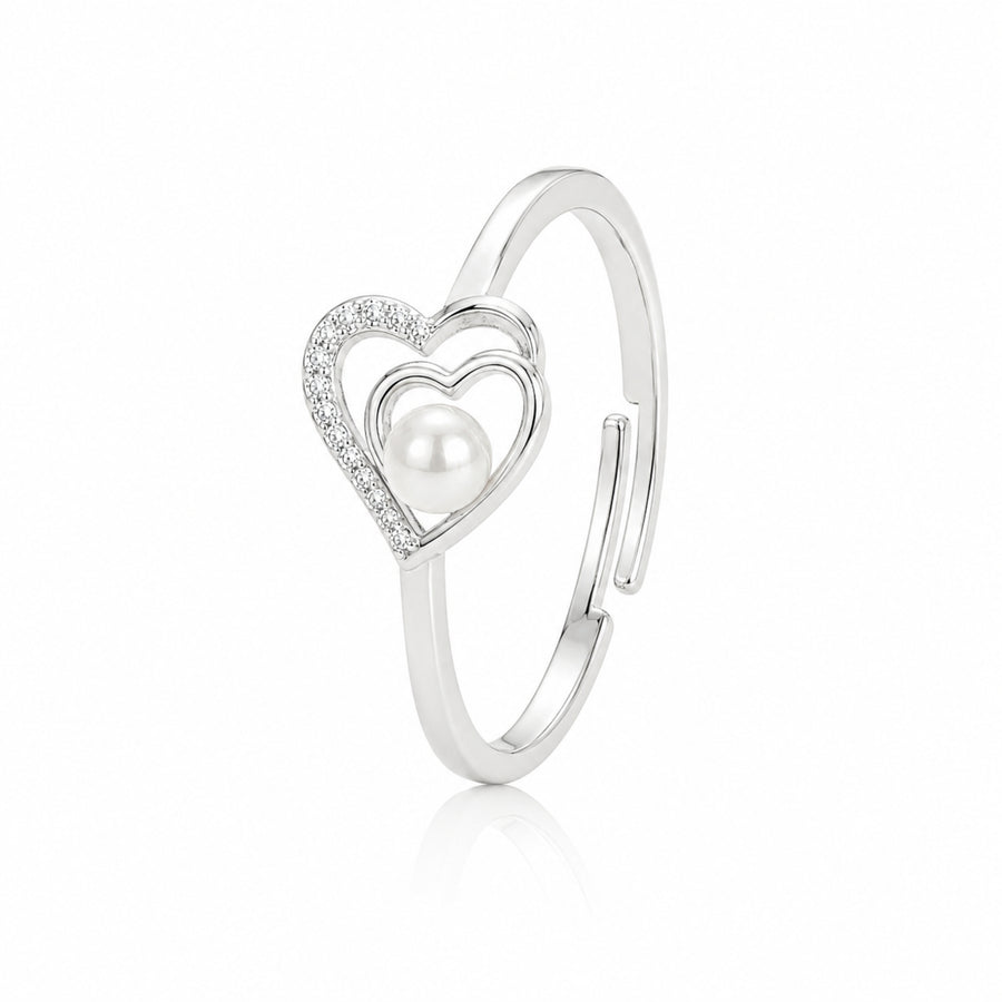925 Sterling Silver Double Heart Pearl Ring – Adjustable Romantic Open Band with CZ Accents